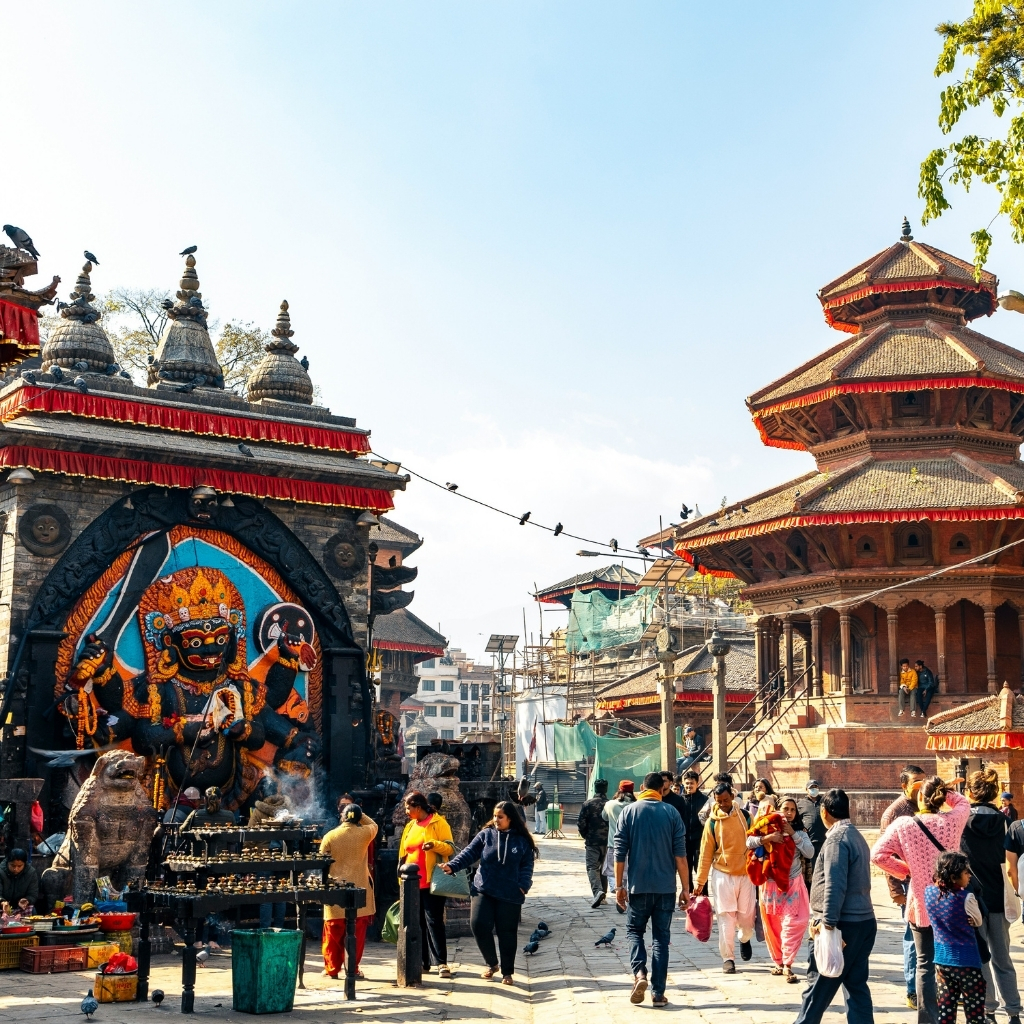 Crowds gather at Durbar Square during a vibrant festival celebration in Kathmandu, Nepal.